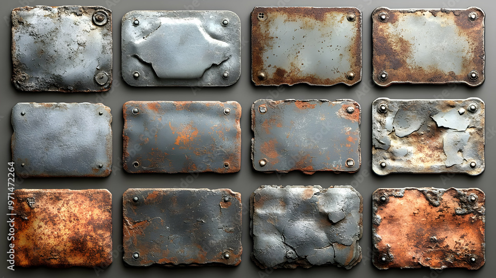 Poster a collection of weathered metal plates with varying textures and rust patterns.
