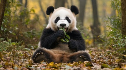 Fototapeta premium A happy giant panda sits on the ground, chewing green bamboo leaves in a park, surrounded by fallen leaves. The panda looks peaceful and content in its natural environment