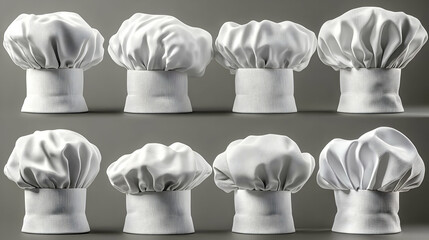 A collection of white chef hats arranged in two rows against a neutral background.