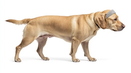 A cheerful labrador sports a sparkling headband while standing confidently