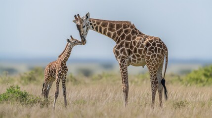 Giraffe mother and baby in natural habitat, Africa wildlife, savannah scene, family bond