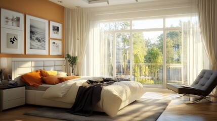 Modern Bedroom with Large Windows and Sunlit View