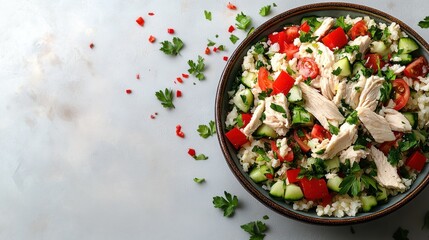 A vibrant salad brimming with chicken, cucumbers, tomatoes, and parsley awaits enjoyment