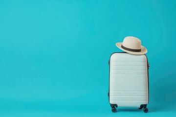 Obraz premium Suitcase and hat against a blue background Travel concept minimal style ith generative ai