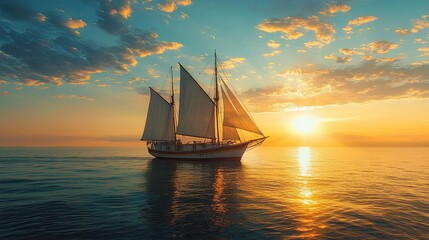 Obraz premium A large sailboat drifting on the evening sea, with the setting sun casting a warm, golden light over the sails and water.