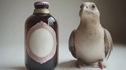 A bird observes a decorative bottle, reflecting curiosity and wonder in warm light