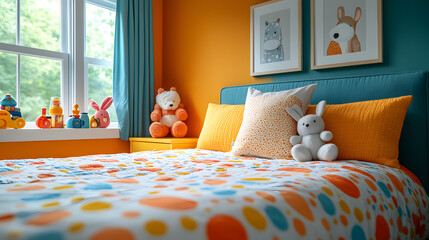 A colorful and playful child's bedroom with a bed featuring a polka dot duvet, a yellow side table and a stuffed animal on the bed.