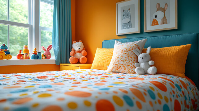 A colorful and playful child's bedroom with a bed featuring a polka dot duvet, a yellow side table and a stuffed animal on the bed.