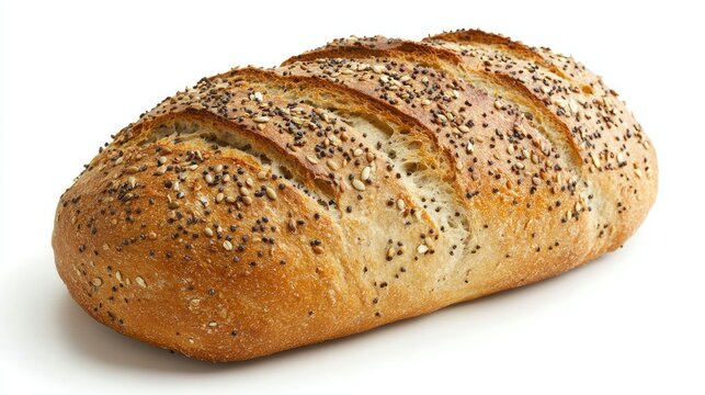 A loaf of freshly baked multigrain bread, showcasing its texture and seeds, isolated on a clean white background
