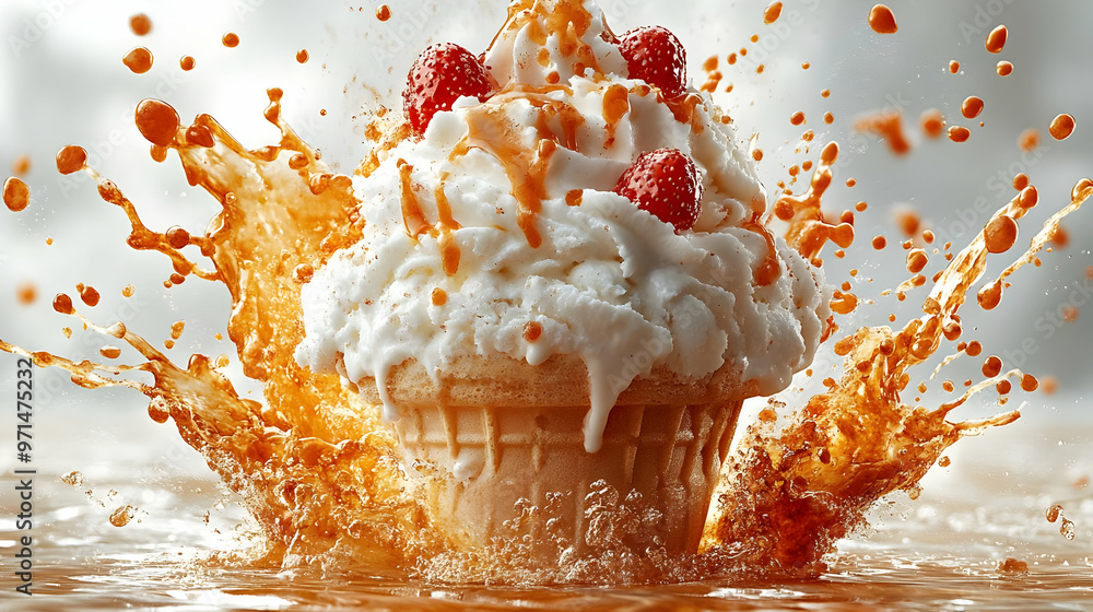 Poster a cupcake with whipped cream and raspberries splashes into a liquid, creating an artistic effect.