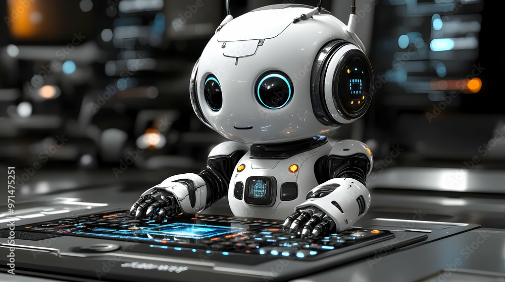 Aufkleber a cute robot with headphones interacts with a futuristic keyboard in a tech environment.