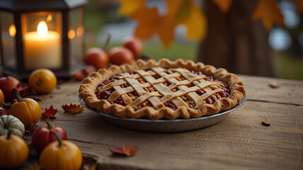 A lattice-crust pie sits on a beautifully decorated table filled with autumn leaves, candles, and small gourds at an Autumn Festival. The pie's crisp, golden crust adds warmth to the cozy setting. 
