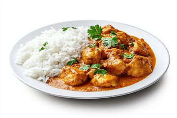 Chicken curry with rice on a white plate