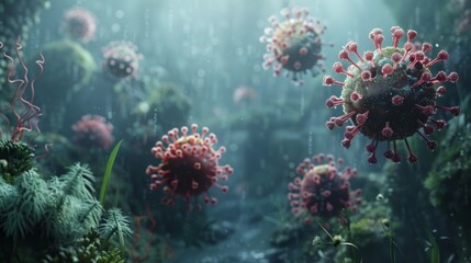 3D visualization of coronavirus particles in a biological environment, showing detailed virus structure