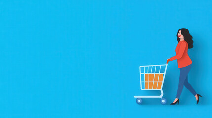 A flat icon of a joyful woman pulling a shopping cart, set against a single blue background with clean and simple features Flat Design, Simple Shapes, Soft Colors