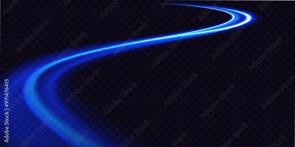 Poster blue wind waves effect. abstract light motion trails with sparkles isolated on black background. lig
