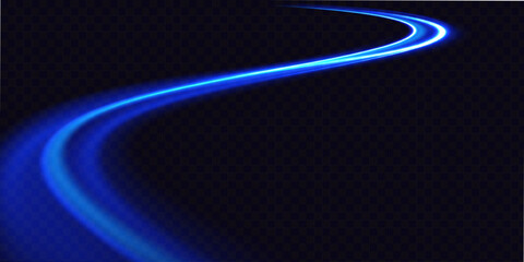 Blue wind waves effect. Abstract light motion trails with sparkles isolated on black background. Light blue Twirl. Curve light effect of blue line. Luminous blue circle.