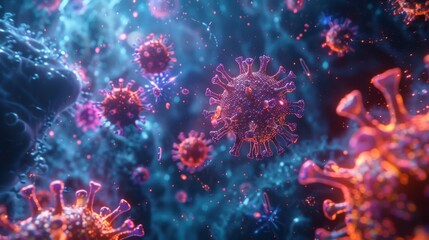 3D visualization of coronavirus particles in a biological environment, showing detailed virus structure