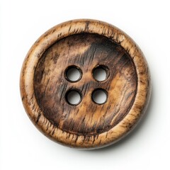 Close-up of a rustic wooden four-hole button with a natural grain pattern on a white background.