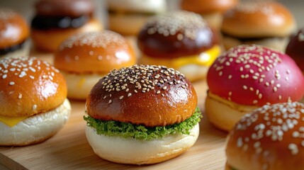 Wooden cutting board with mini hamburgers