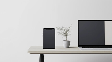 Editable Smartphone and laptop standing on the table. Minimalist view. Background for advertising, announcement posters. Copy paste area for text and brand.