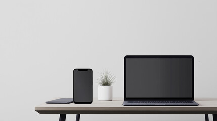 Editable Smartphone and laptop standing on the table. Minimalist view. Background for advertising, announcement posters. Copy paste area for text and brand.