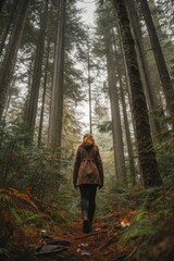 Obraz premium Woman walks through foggy forest