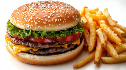 A delicious cheeseburger with lettuce, tomato, and fries on a white background.