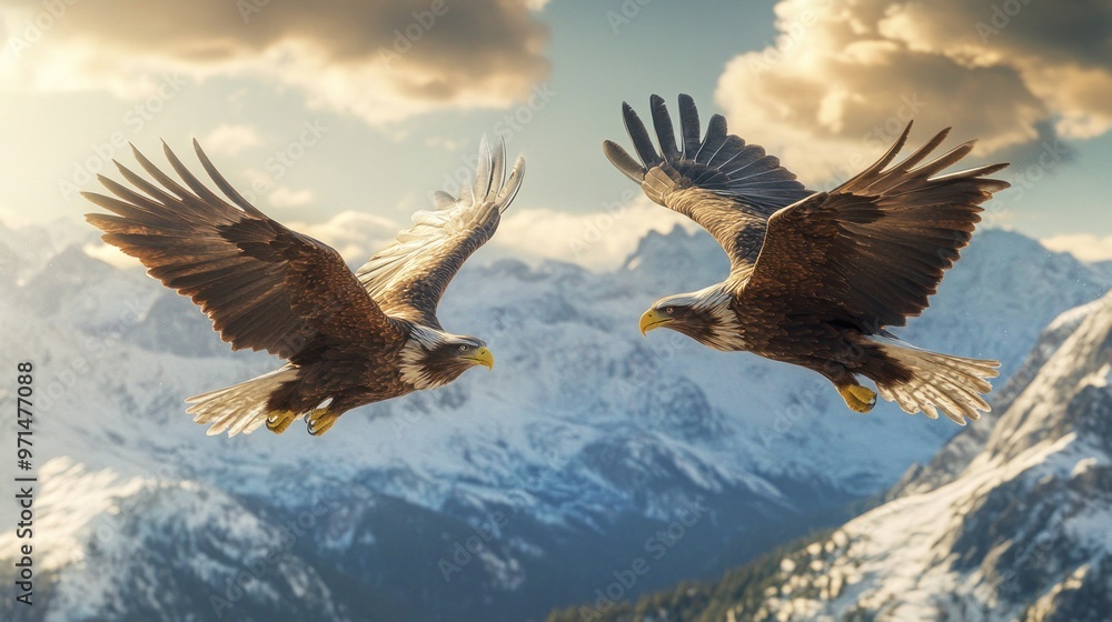 Wall mural Two Golden Eagles Flying Over a Mountain Range