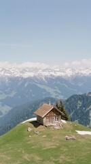 A weathered stone cabin stands in the serene Italian mountains under a grey sky, surrounded by lush greenery that enhances its rustic allure