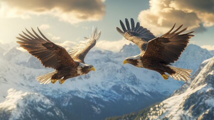 Obraz premium Two Golden Eagles Flying Over a Mountain Range