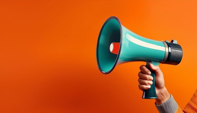 A person's hand holding a teal megaphone against a vibrant orange background, symbolizing communication and empowerment.