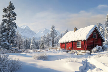 Red wooden cabin stands in a snowy forest clearing, with snow-capped mountains rising in the distance