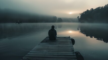 a person sitting on a dock in the middle of a lake at sunset
