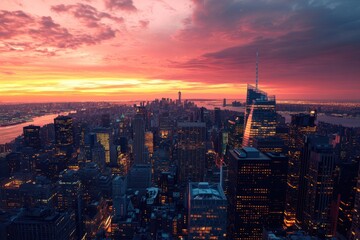 Obraz premium City view at sunset from rooftop