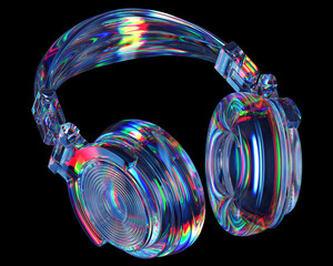 The colorful acrylic headphones on black background with light dispersion effect. 3d render
