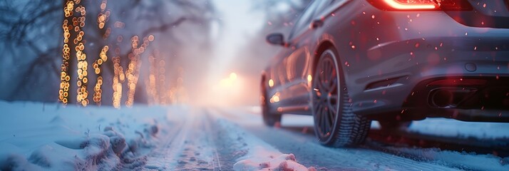 a car driving down a snowy road in the wintertime