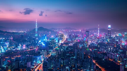 A cityscape at night, the city illuminated by thousands of lights, a bustling nightlife scene