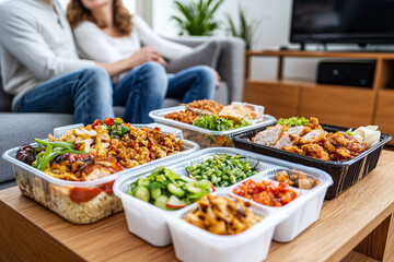 Naklejka premium a couple with takeout containers spread out on their coffee table, sitting comfortably and watching television