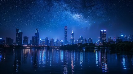 Fototapeta premium A cityscape at night, the city illuminated by thousands of lights, a bustling nightlife scene