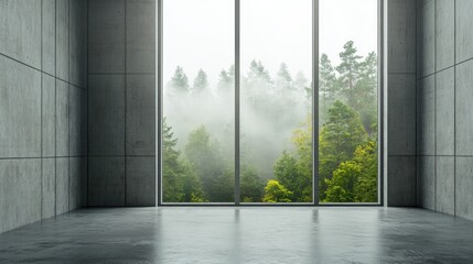 Naklejka premium Minimalist Concrete Room with Foggy Forest View Through Window