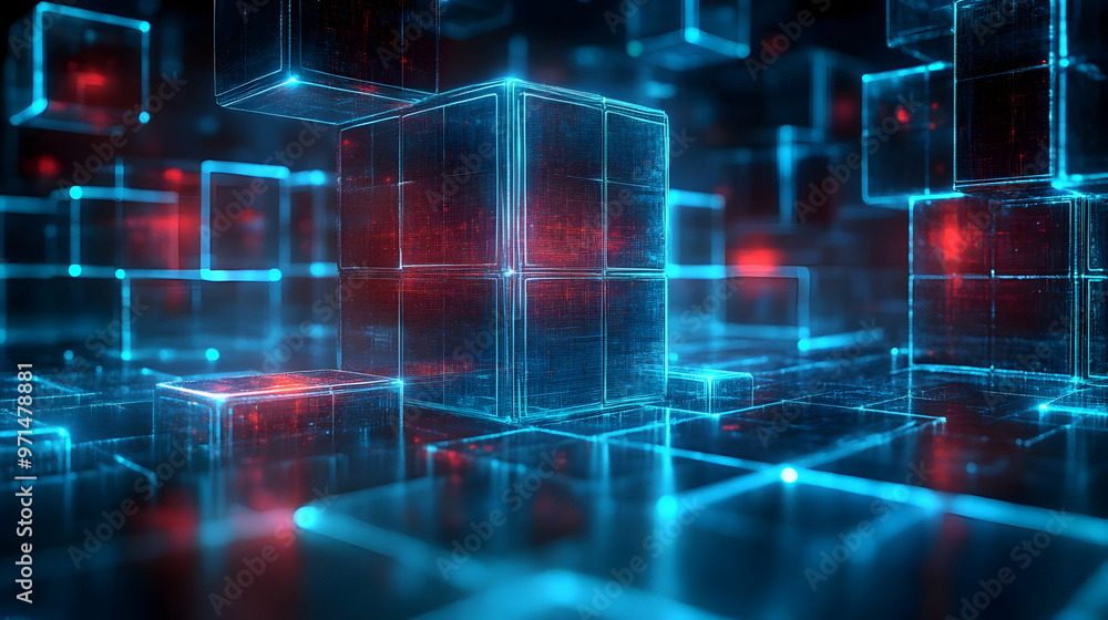 Poster a digital abstract representation of glowing cubes in a futuristic environment.