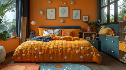A cozy bedroom with an orange and blue color scheme, featuring a bed with a yellow polka dot quilt.