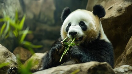Naklejka premium A panda leisurely eating bamboo while sitting in the zoo, looking calm and content. The relaxed atmosphere makes this a heartwarming scene of animal life