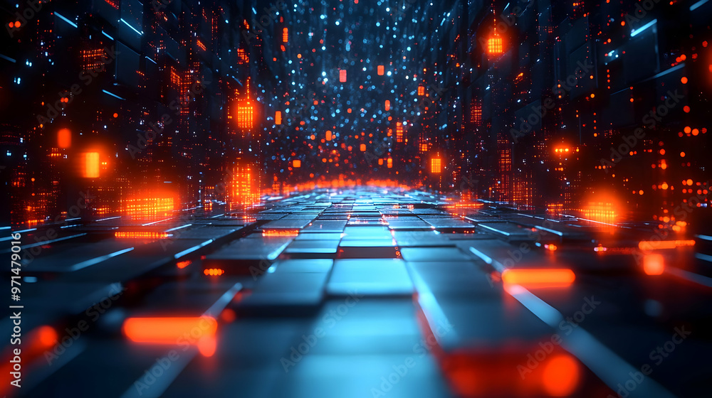 Poster a digital corridor filled with glowing data blocks, symbolizing technology and innovation.