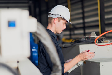 Engineer standing by robotic arm and operating machine in industry factory