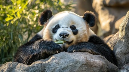 Fototapeta premium A panda resting against a rock in the zoo, chewing bamboo with a relaxed expression. The peaceful zoo setting highlights the pandaaes calm and content lifestyle