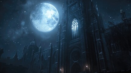 Obraz premium Gothic Cathedral Illuminated by Full Moon - Nighttime Architecture and Mysterious Beauty
