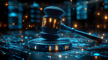 A digital gavel symbolizing justice and law in a futuristic setting.