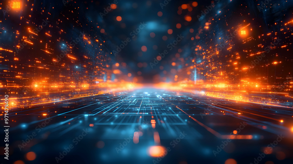 Poster a digital landscape featuring glowing blue and orange particles, representing technology and data fl
